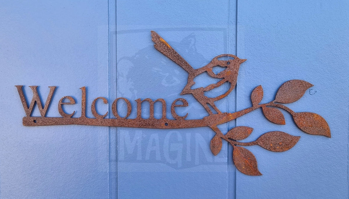 Corten steel fairy wren welcome sign